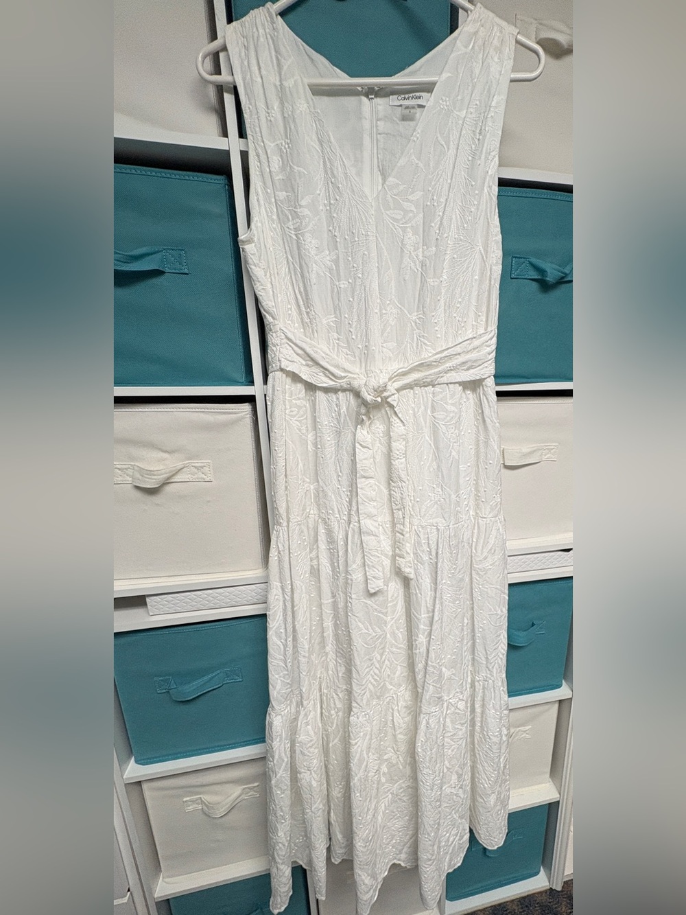 Calvin Klein White Sleeveless Tie- Waist Maxi Dress w/ Textured Leaf Embroidery - Picture 9 of 10